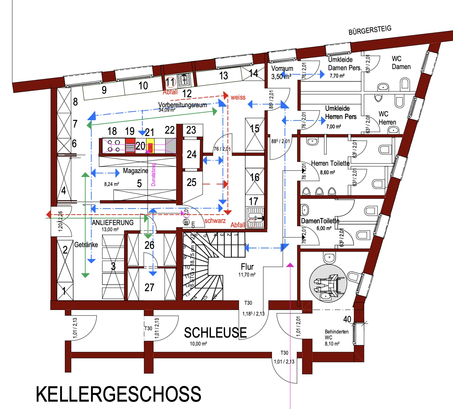 Kellergeschoss mit Mitarbeiter- und Sanitärbereichen