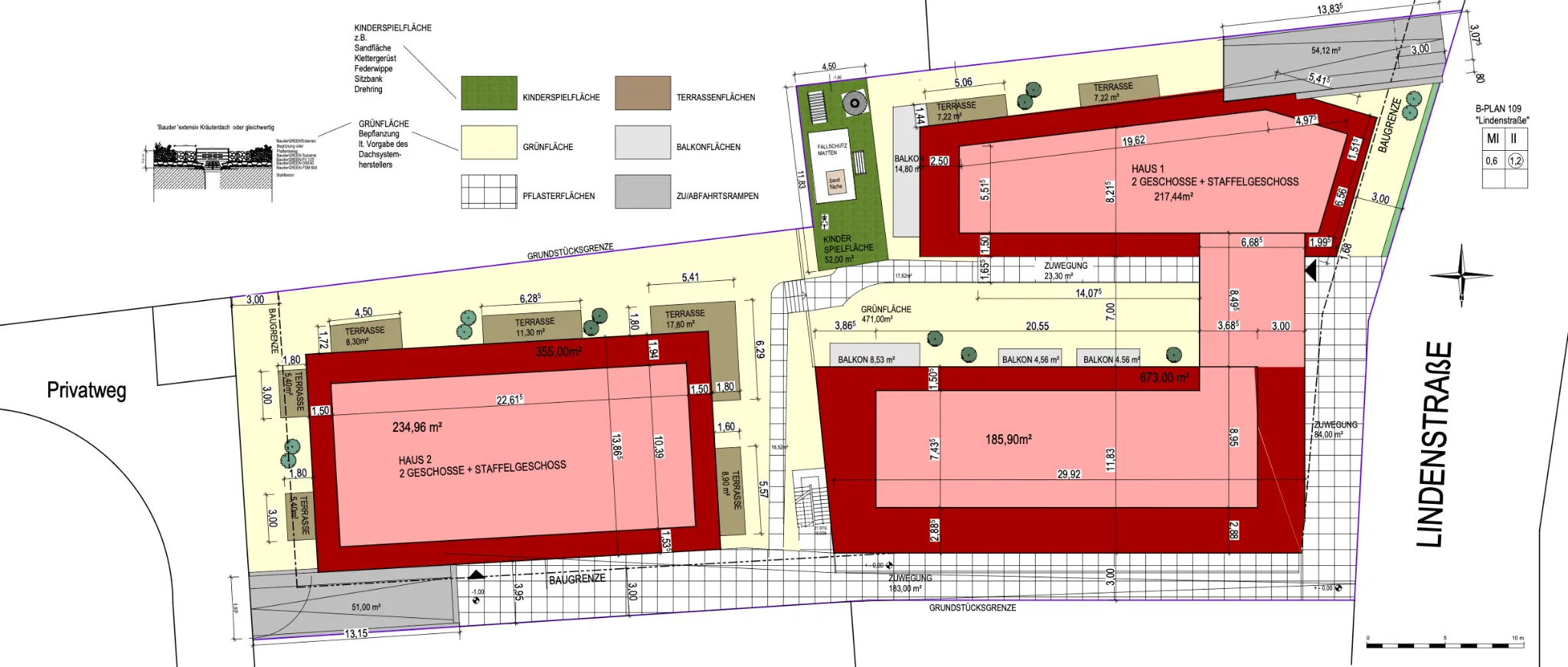 Lageplan Königshof Oyten mit Haus 1, Haus 2, Gewerbe, Gastronomie, Außenflächen und Erschließung
